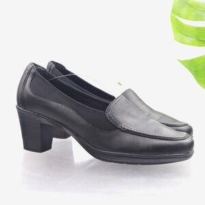 Clarks Womens Loafers Pump Size 10 Black Leather Block Heel Comfort Work Shoes